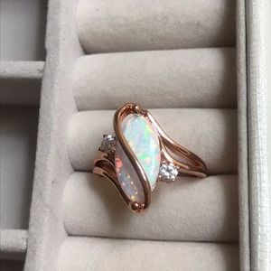 White Fire Opal and CZ Rose Gold Ring